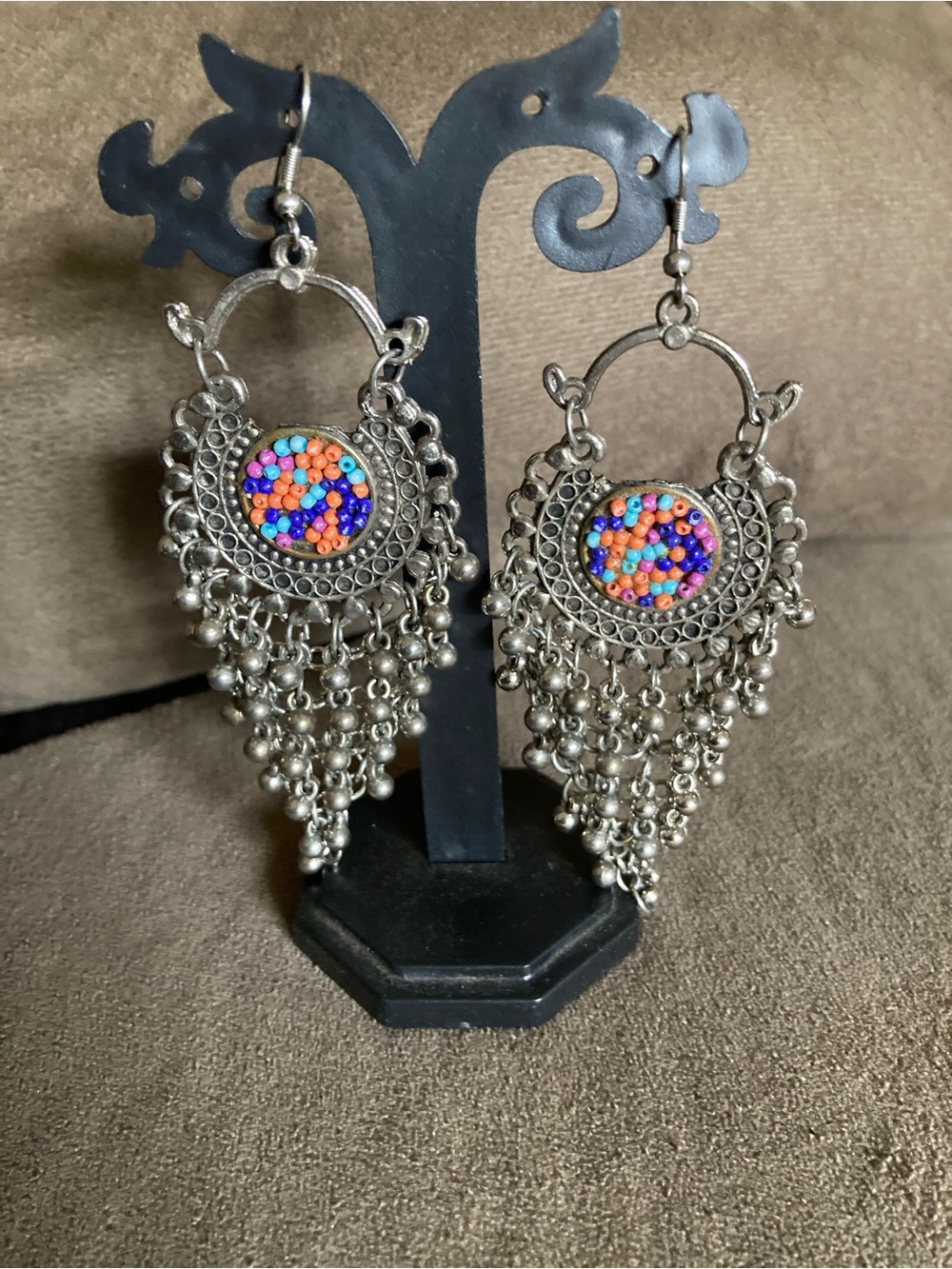 Handcrafted Silver-Tone Multicolor Beaded Chandelier Earrings - Women Jewelry
